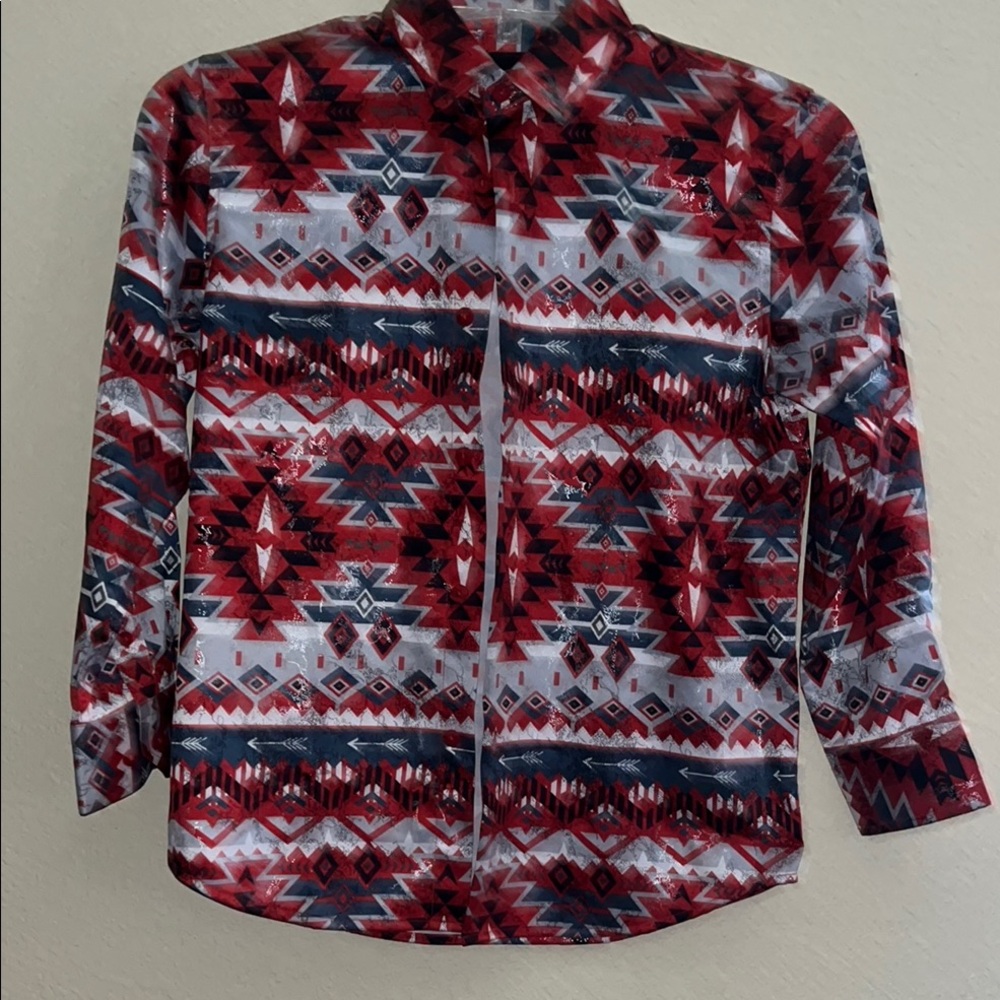 Boys size 8 Platini Jeans Red and White Aztec Pattern Long Sleeve Shirt.